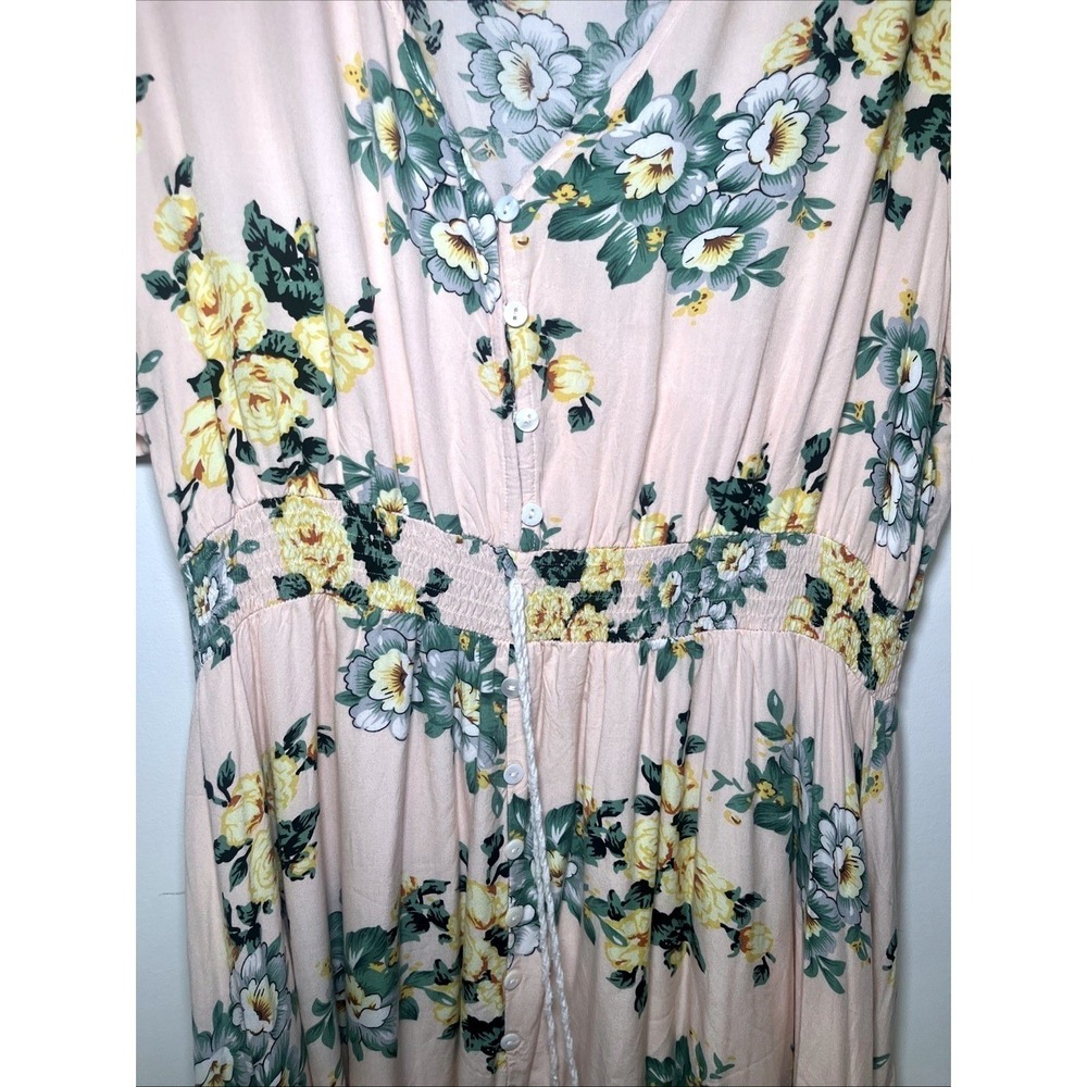 Womens XXL Floral Midi Dress Pink Yellow Cottagecore Smocked Waist Romantic - Picture 5 of 10